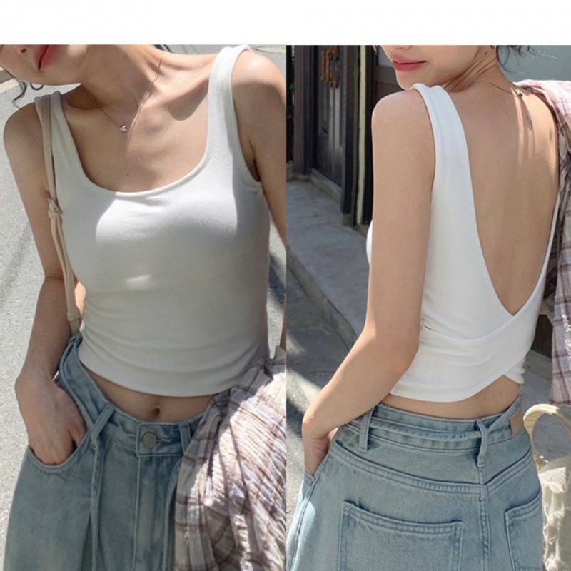 9068#网红同款美式交叉背心女方领修身内搭自带胸垫遮副乳美背女