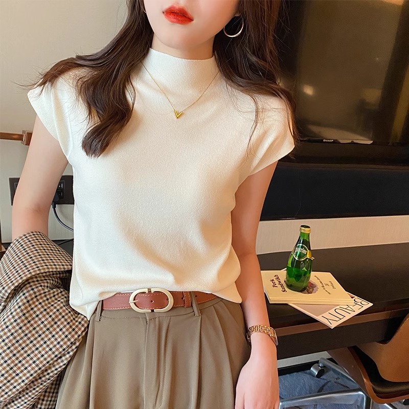 基础款打底衫2025年夏装新款短袖t恤女针织气质纯色正肩中领上衣