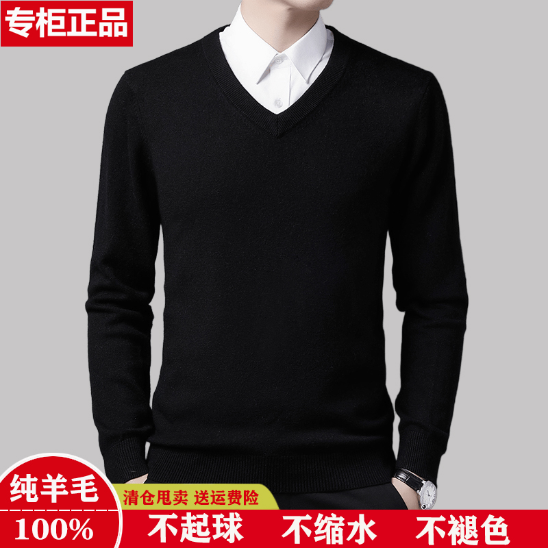 100%纯羊毛衫男秋冬V领保暖毛衣