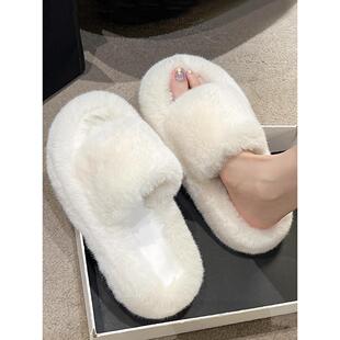 白色厚底毛毛拖鞋女外穿春秋时尚百搭孕妇大码室内家居毛绒棉拖鞋