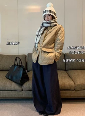 FAFA PRETTY 复古棉服菱格绗缝拼接翻领棉服女英伦风通勤百搭款