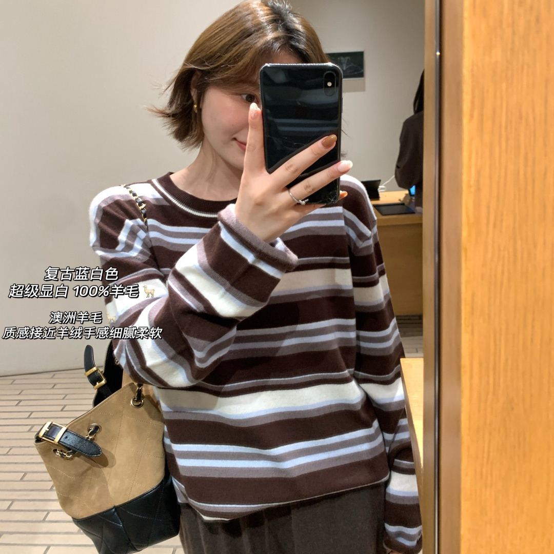 圆领复古宽松羊毛条形显瘦百搭