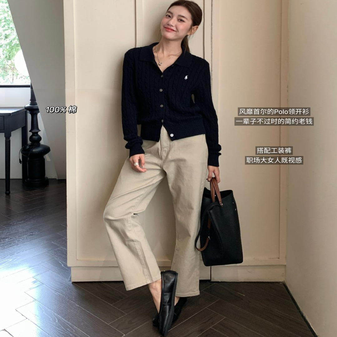 绞花休闲职场翻领简约纯棉小马