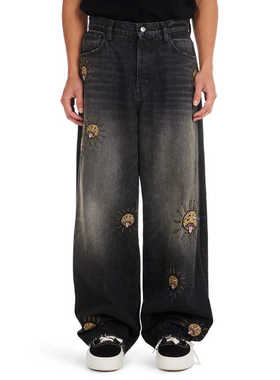 NAHMIAS  Beaded Sun Wide Jeans  黑色男女街头串珠太阳宽牛仔裤