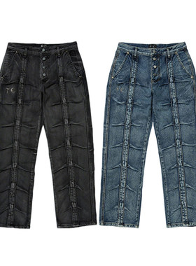 THUG CLUB Line Gob Denim Pants黑色蓝色立体脊骨直筒休闲牛仔裤