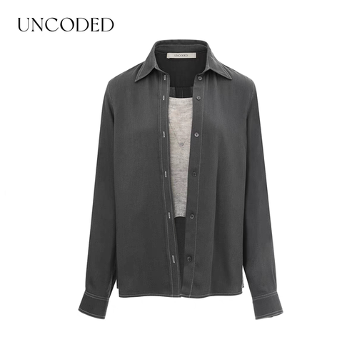 Uncoded26秋灰色宽松松弛老钱衬衫女都市通勤轻亚格雷风KWLA2C003