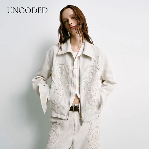 【周涛同款】Uncoded米色贴布珠链绣外套女直筒廓形百搭显瘦018