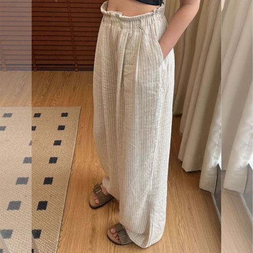 棉麻条纹宽裤女夏季小个