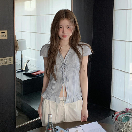 法式蓝色短袖衬衫女夏202
