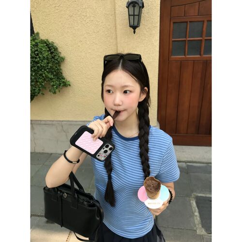 韩系ins复古宽松蓝色条纹