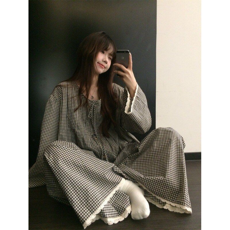 韩版花边格子印花睡衣长袖女秋季薄款可外穿大码长裤家居服套装
