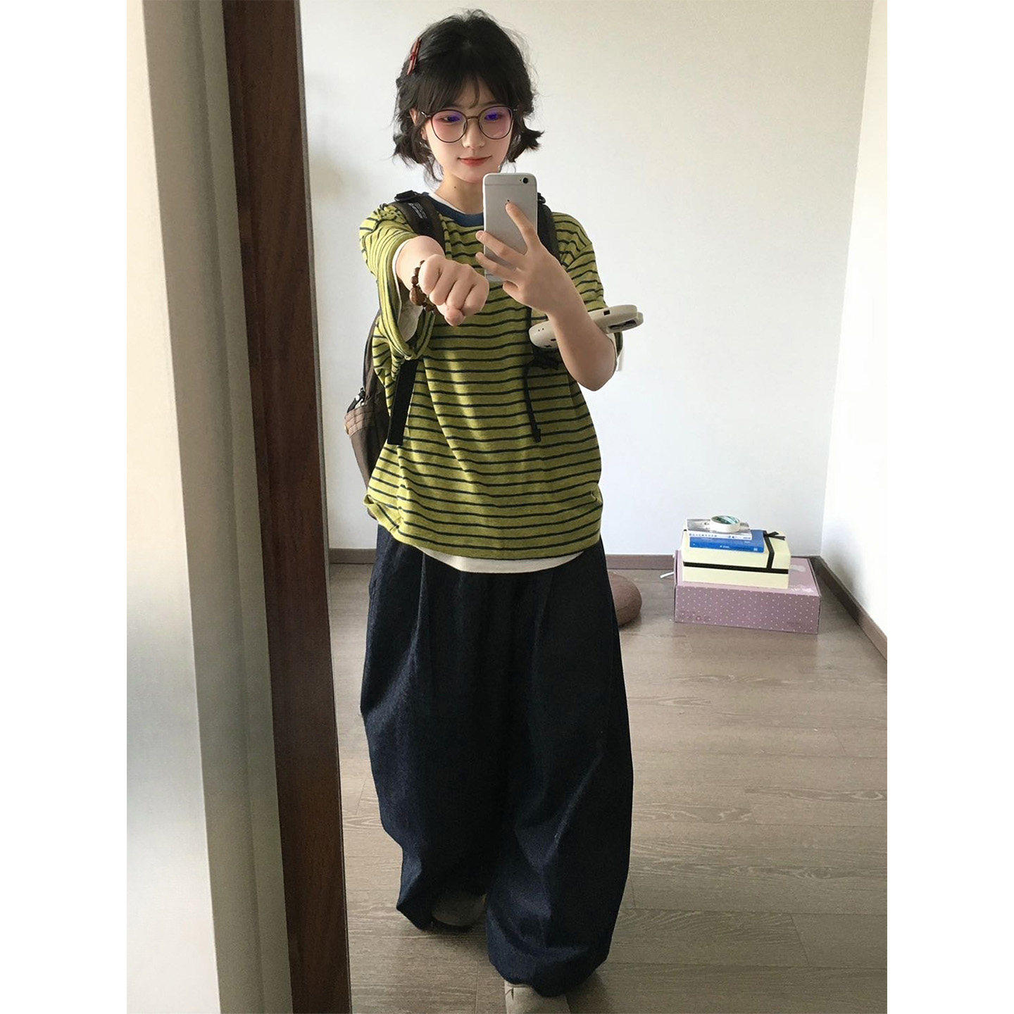 日系复古条纹短袖T恤阔腿裤套装女夏季宽松慵懒风休闲运动两件套
