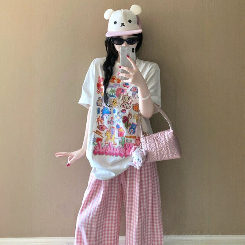多巴胺休闲运动套装女夏季宽松韩版学生短袖时尚格子阔腿裤两件套
