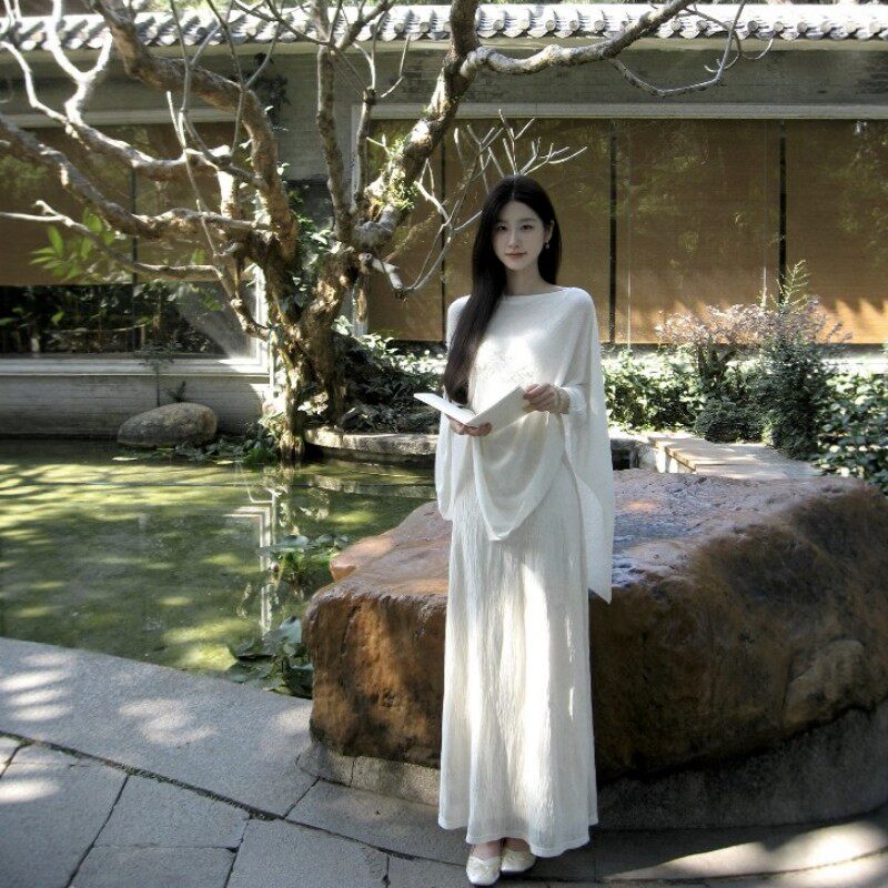 清冷感白色不规则披肩外套女春春冬白色蕾丝修身长裙两件式套装