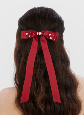 DAINEI岱妮浪漫长飘尾蝴蝶结发夹红色女弹簧夹横夹飘带新年发饰