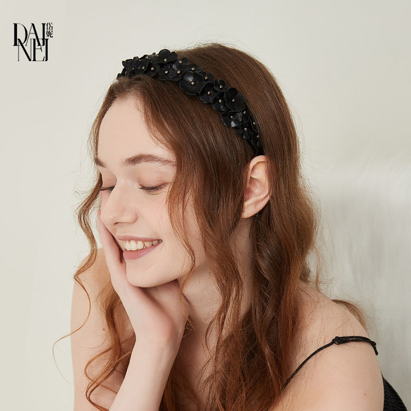 DAINEI岱妮朵朵花语皮革发箍女士高颅顶洋气时尚PU宽边头箍发饰