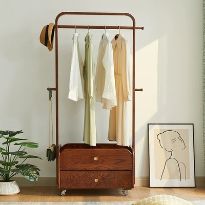 全实木落地挂衣架卧室现代简约带抽屉置物层一体式多功能衣帽架