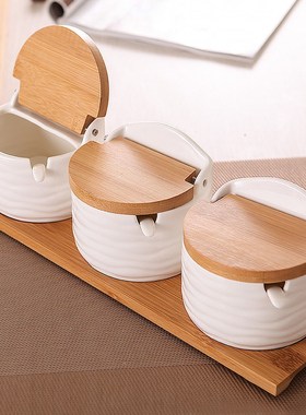 厨房用品陶瓷调味罐三件套创意白色调料盒竹木翻盖调料瓶糖罐盐罐