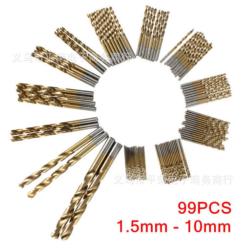 99pcs镀钛麻花钻头 直柄高速钢4241麻花钻金属木工开孔器1.5-10mm