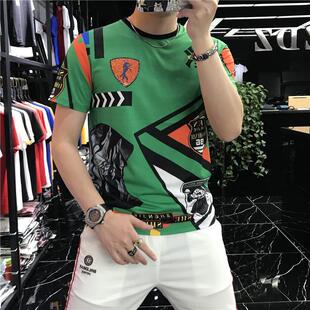 欧洲站T恤男新款夏季印花修身帅气网红个性短袖潮流烫钻半袖体恤
