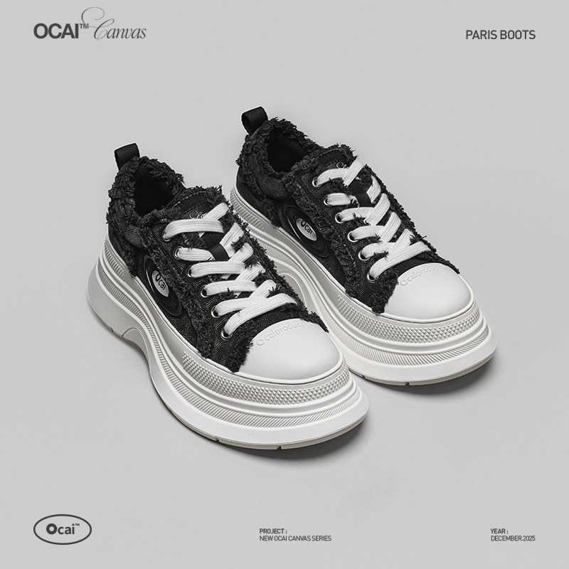 Ocai Paris Boots 短绒黑厚底增高帆布鞋 撞色毛边高级时尚休闲鞋图片