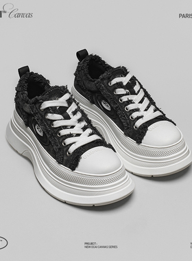 Ocai Paris Boots 短绒黑厚底增高帆布鞋 撞色毛边高级时尚休闲鞋