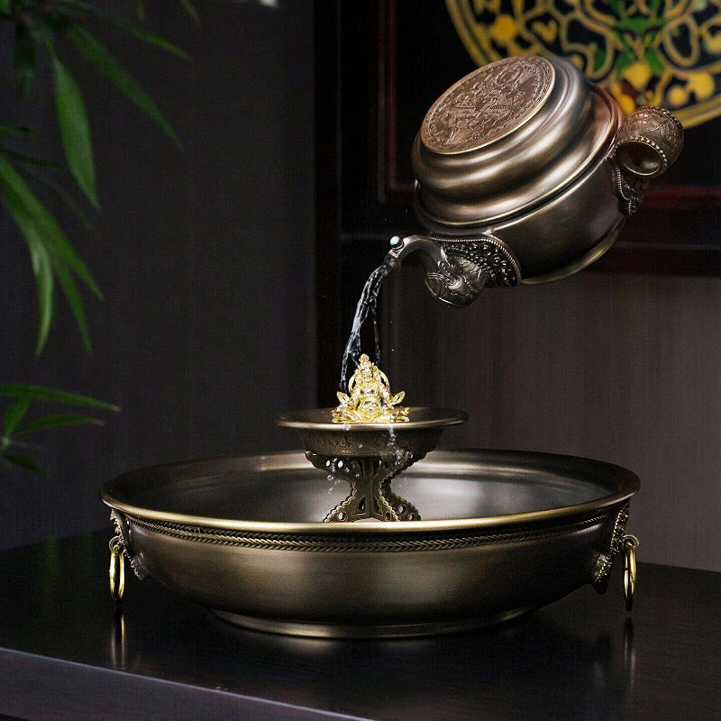 慧宝黄铜水陆供盘七支供朵玛盘朵玛壶碟盘支架净水宝壶套装摆件