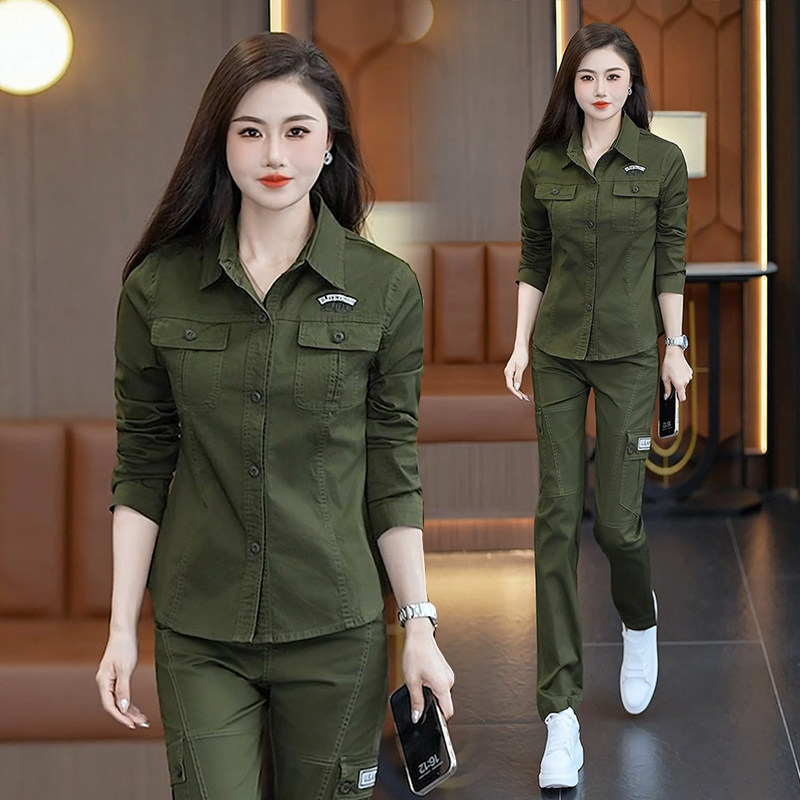 工装风军绿色衬衫女春秋新款长袖翻领显瘦长裤气质大码迷彩套装潮