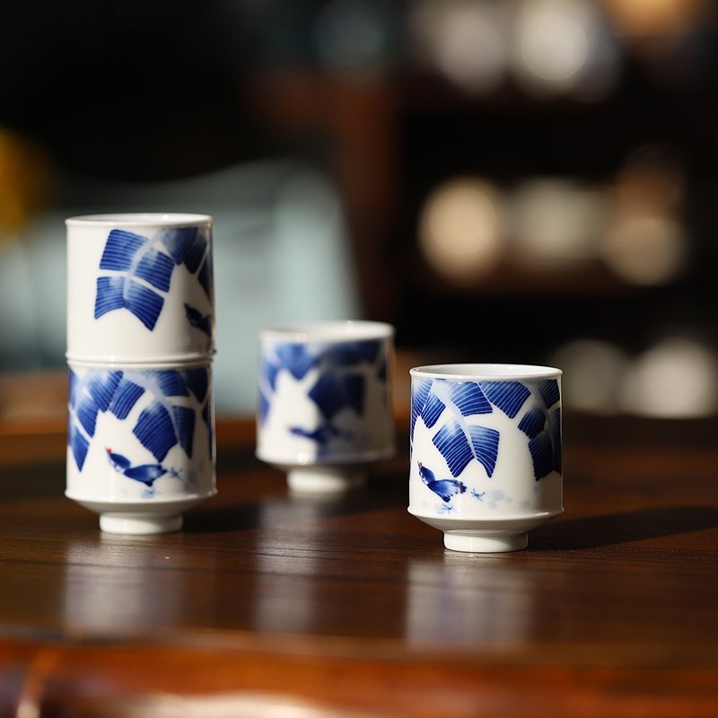 大鱼美器 青花吉祥蕉叶竹节杯 釉下彩主人杯岩茶杯景德镇手工茶杯