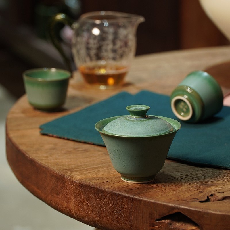 大鱼美器 竹绿一碗两杯套组 陶瓷茶具礼品景德镇纯手工盖碗伴手礼