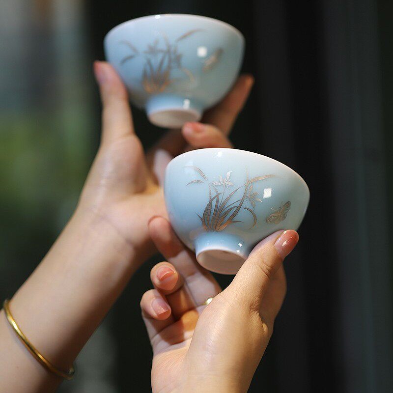 大鱼美器 东方既白银绘兰花杯 茶具礼品陶瓷茶杯景德镇纯手工手绘
