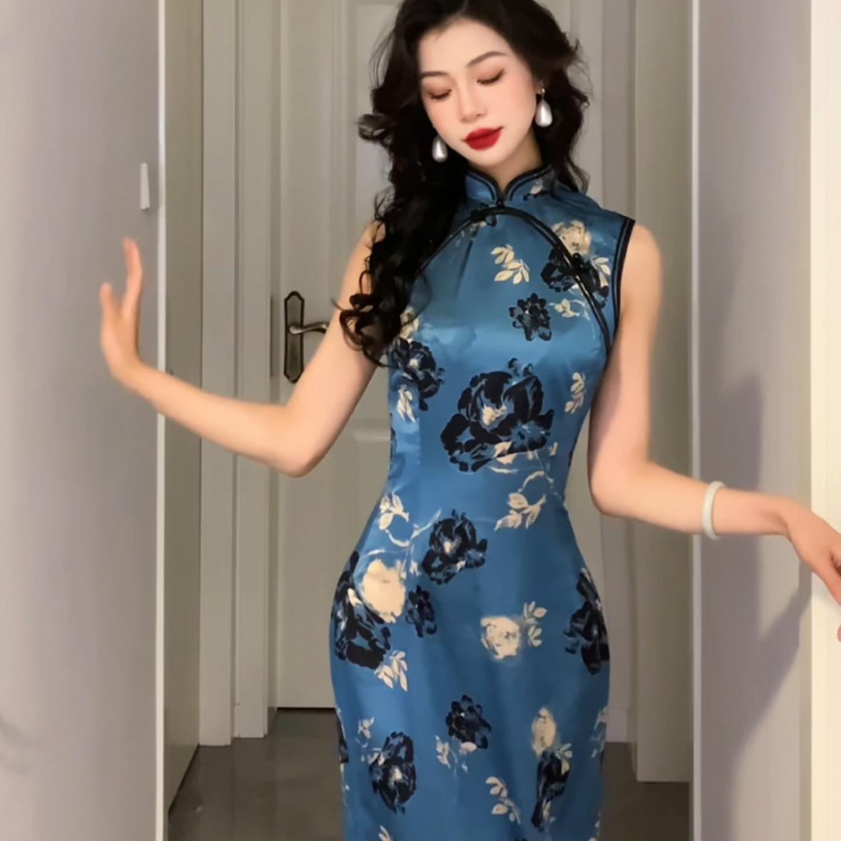 【尔尔古典美学】复古新中式旗袍【蓝绣】春季修身中国风旗袍图片