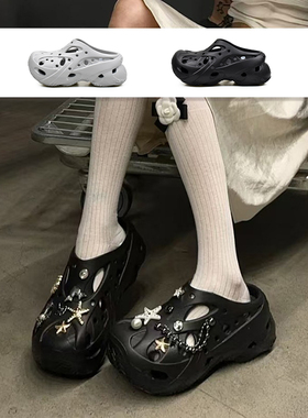 Crocs卡骆驰25新款女鞋黑色波纹大底珊瑚洞洞鞋沙滩凉拖鞋211141