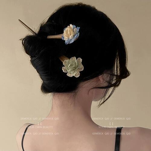 布艺山茶花立体发簪新中式盘发