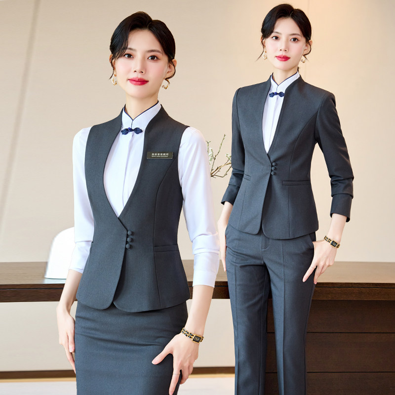 酒店前台接待新中式餐饮服务员工作服秋冬高端职业西服马甲套装女