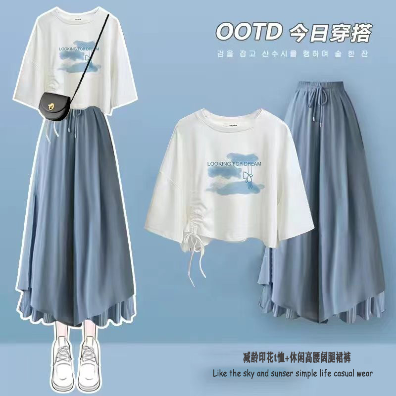 初高中学生时尚连衣裙女2025夏季新款休闲短袖+高腰显瘦阔腿裙裤