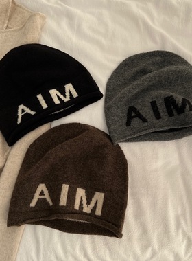韩系AIM字母包头针织帽子女含羊毛冬季保暖大头围堆堆帽潮酷冷帽