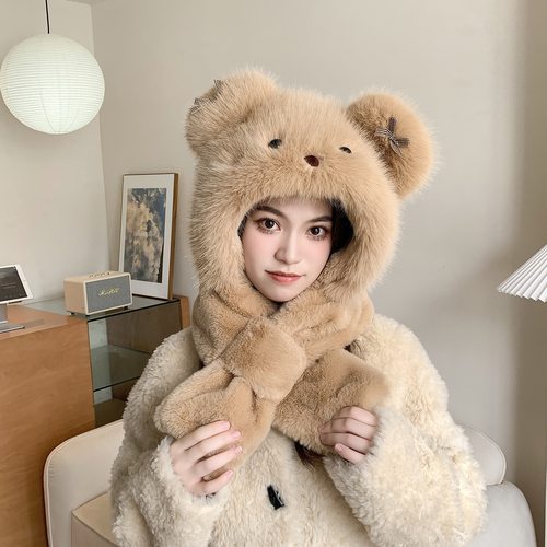 纽扣熊帽子围巾一体冬季骑车帽子