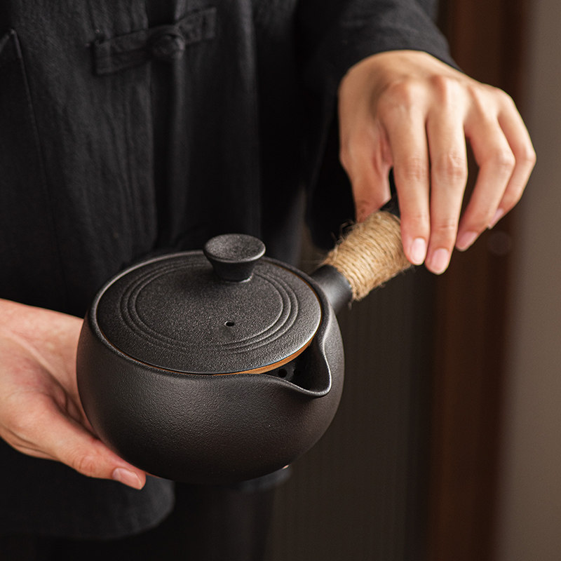 陶瓷大边柄茶壶单壶防烫家用功夫茶具茶具托盘黑陶