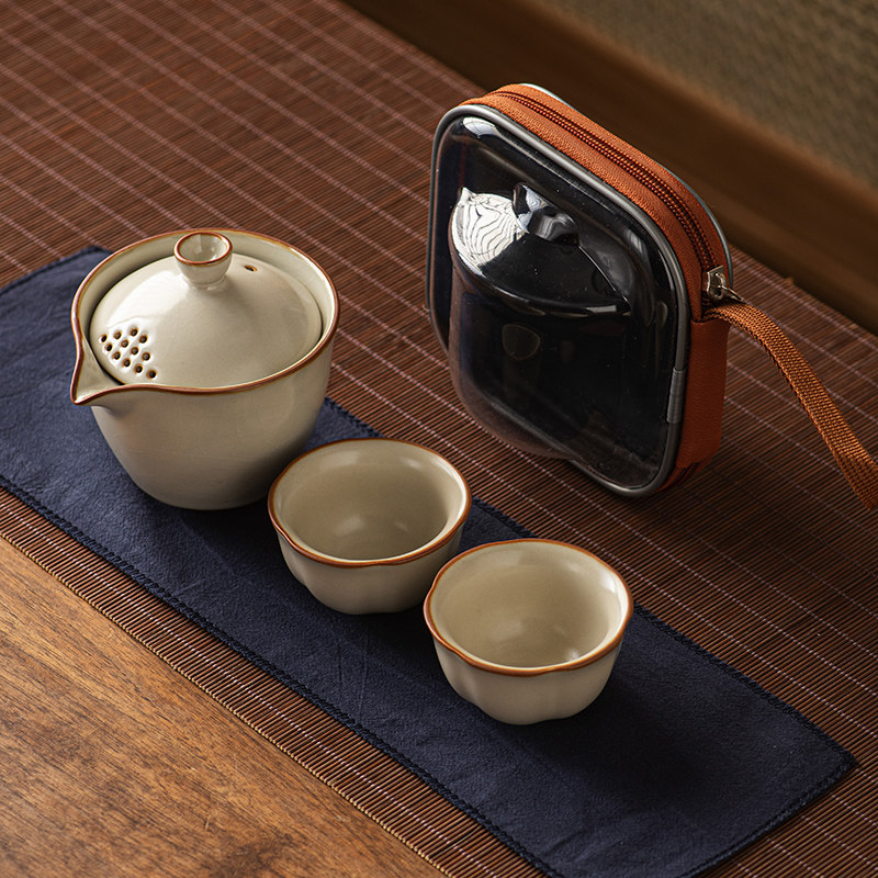 米黄汝窑旅行茶具可携式手抓壶盖碗茶杯陶瓷功夫茶具套组快客杯