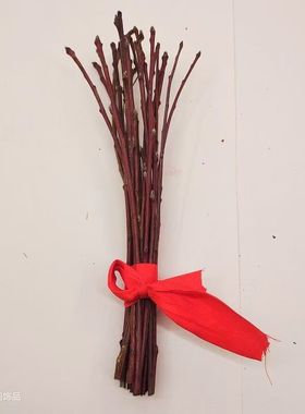 天然桃木东南枝桃枝装饰摆件简约现代手工DIY红色蝴蝶结捆绑
