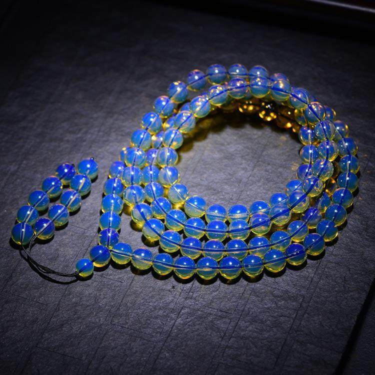 多米尼加净水蓝珀108颗佛珠手链 蜜蜡琥珀圆珠手串男女款