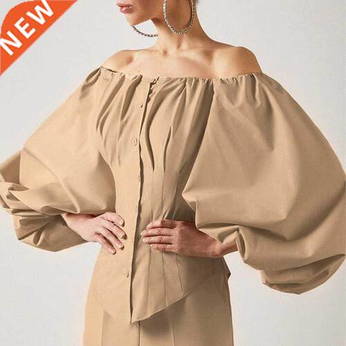European and America Slim Puff Sleeve Off oulder irt Top