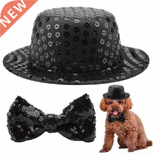 Pet Dog Festival Party Black Sequins Top Hat Bow Tie