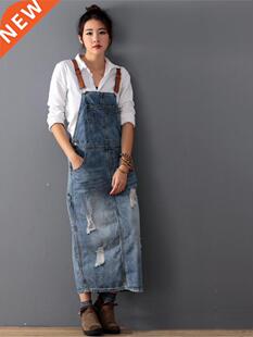 Women Loose Denim Dress Ladies Bleached Holes Denim Dress Fe