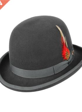 100% Wool Felt Feather Derby Bowler Hat /Wo Satin Lined Fas