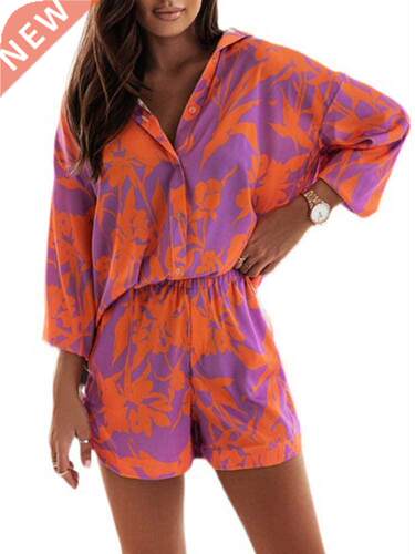 Print Shorts Suits Women Vintage Long Sleeve Shirt And Short