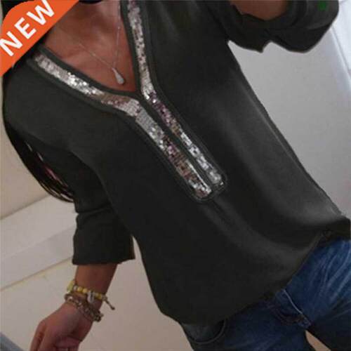 Women Blouse Plus Size V Neck Blouse Casual Loose Sequin Lad