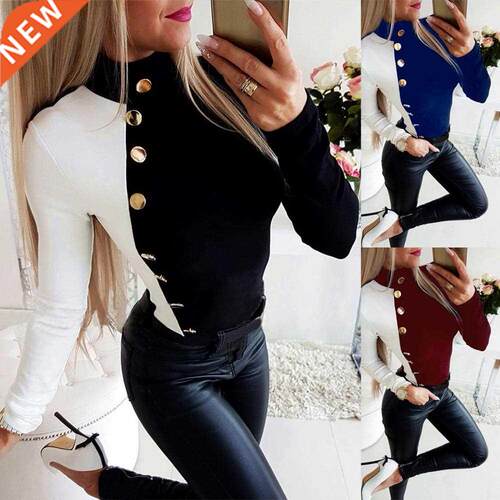 ndy Women Turtle Neck Long Sleeve Color Block Buttons Decor