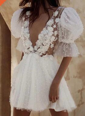 Short Wedding Dresses Plunging V-Neck Half Sleeves Pearls Fl
